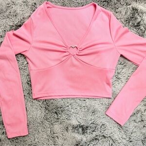 Pink Ribbed Ruched Rhinestone Crop Top Size M Y2K Coquette